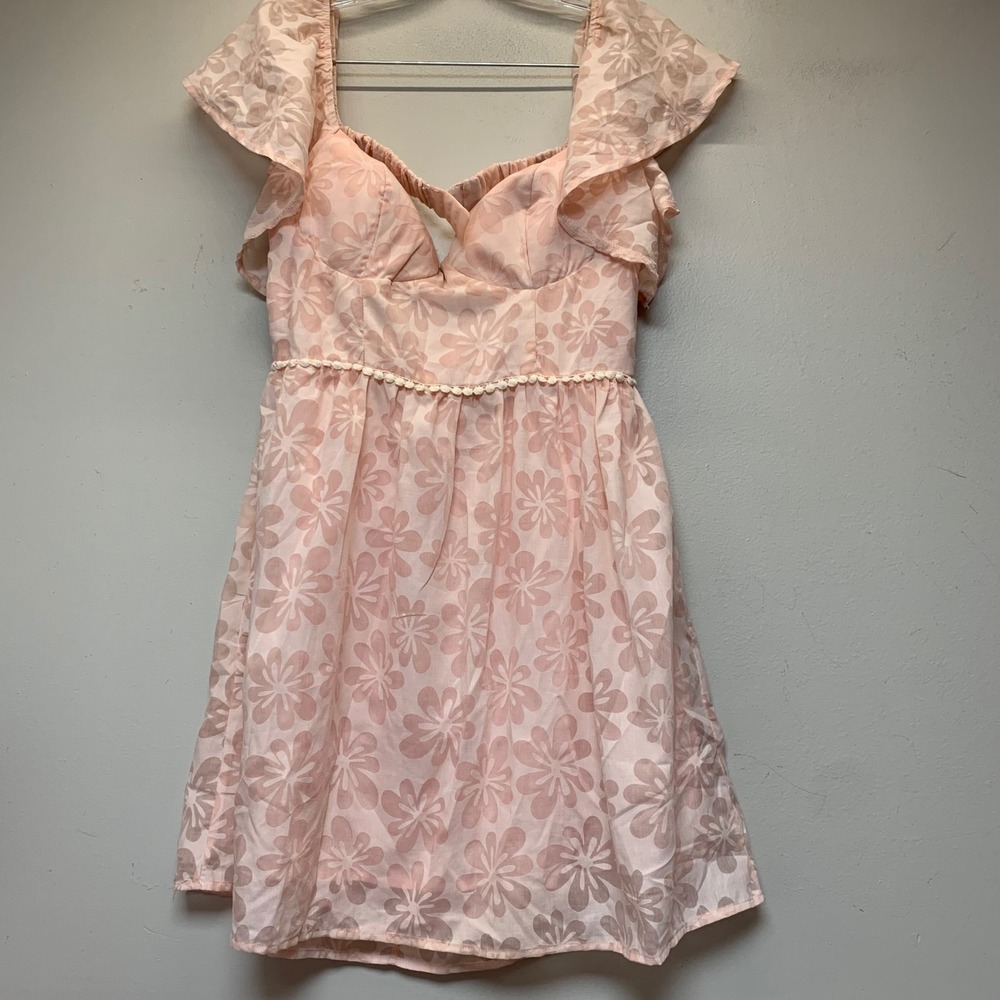 Hello Molly Mini Dress Womens 6 Pink Excellent Floral Burnout Flutter Sleev Boho
